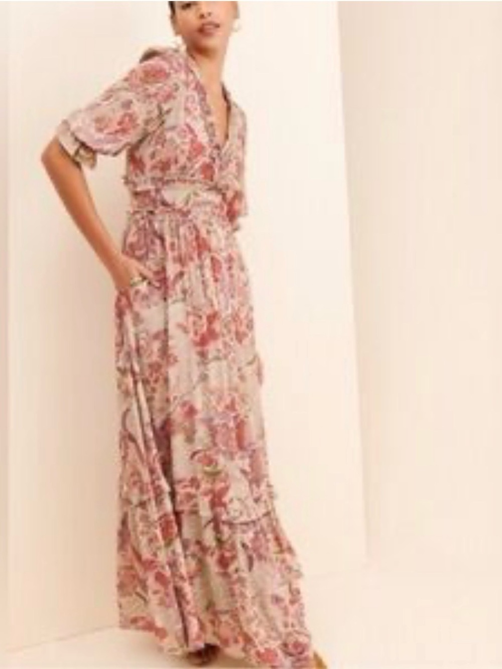 BTFL-Life Boho Floral V Neck Ruffle Maxi Dress Red Beige Medium